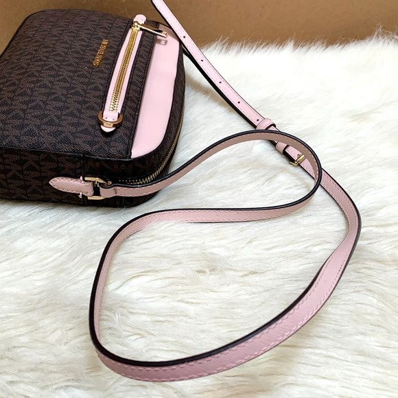 MICHAEL KORS Jet Set Logo Chain Camera XBody Bag Dark Brown Logo Pink Trim - Picture 9 of 16